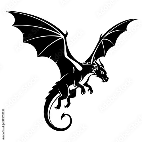 Black Dragon Silhouette Flying with Wings Spread