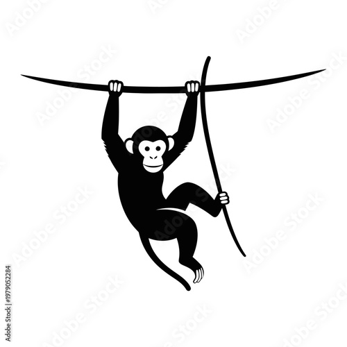 Black Monkey Swinging on a Vine Silhouette Vector