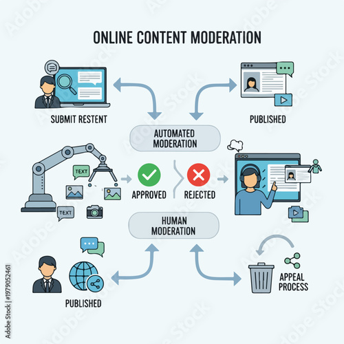 Flowchart illustrating the online content moderation process, from submission to approval