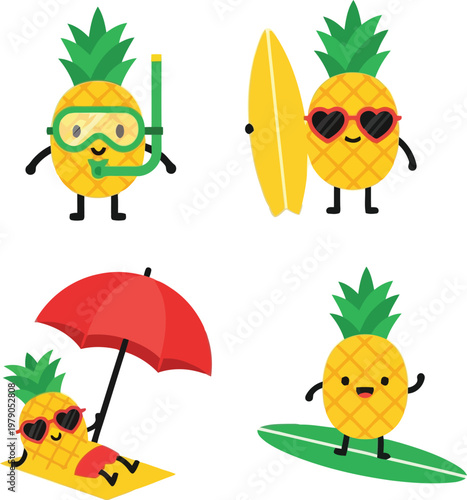 cartoon pineapple characters in sunglasses and beachwear