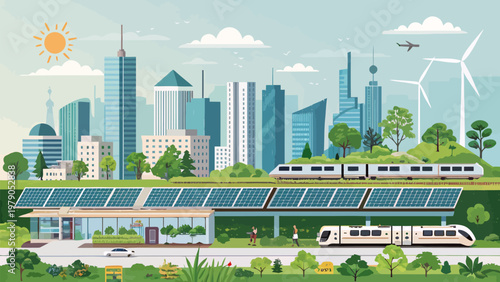 Futuristic eco friendly cityscape with solar panels green rooftops wind turbines and sustainable transportation