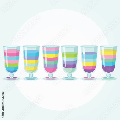 Six stylized drinking glasses with layered colorful liquids