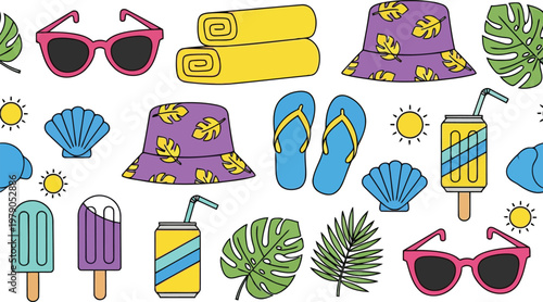 Summer vacation accessories and beach items colorful illustrations