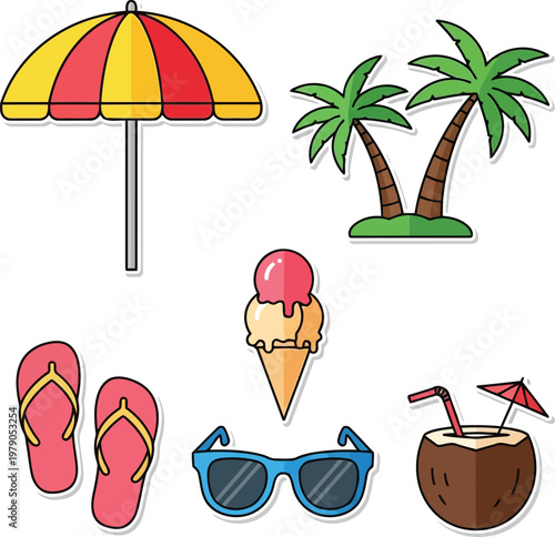 Summer vacation icons, beach symbols, tropical getaway elements, colorful illustrations