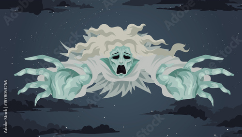 terrifying banshee ghost flying and wailing in the night