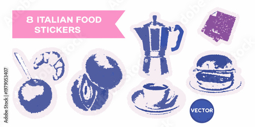 Italian food themed stickers coffee croissant and pasta illustrations