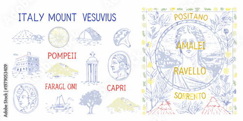 Vintage style illustration of italian landmarks and mount vesuvius