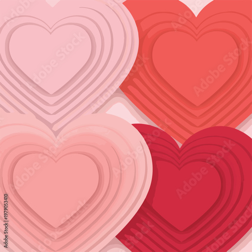 Four layered hearts, varying red-pink hues, overlap