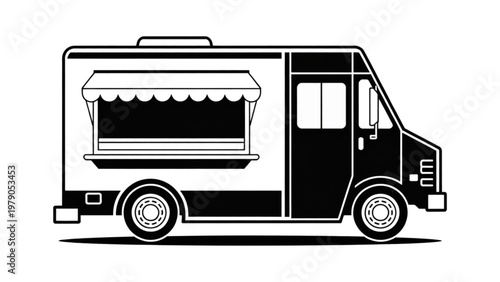A classic food truck with a serving window and decorative stripes on its side Vector