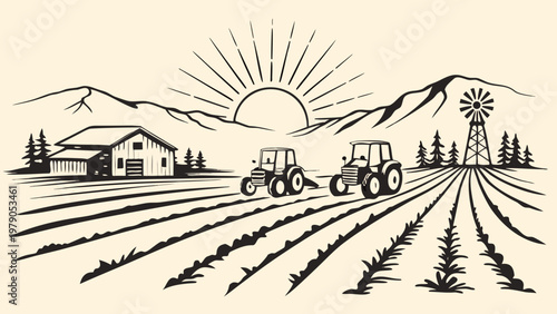A vintage style illustration of a farm with tractors and a rising sun