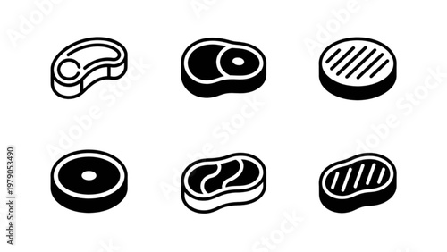 Six different types of sliced and grilled meat products in black and white illustration Vector