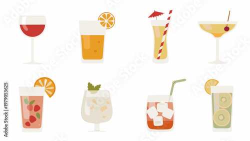 Assorted colorful cocktails and beverages in a flat vector illustration