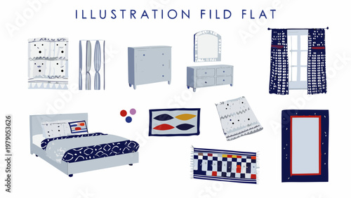 Stylized illustration of bedroom furniture and decorative textiles