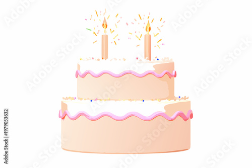 A two tiered birthday cake with lit candles and colorful sprinkles