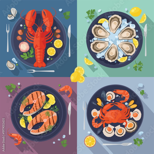 Four square panels depict various seafood dishes on plates with cutlery