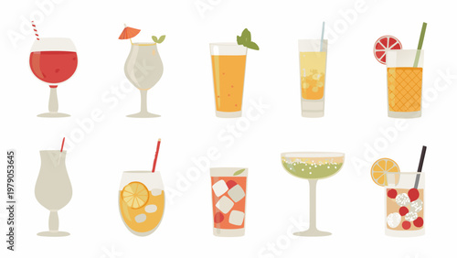 Collection of colorful summer cocktails and refreshing drinks in glasses