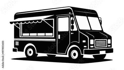 Black and white illustration of a classic ice cream truck with a striped awning Vector