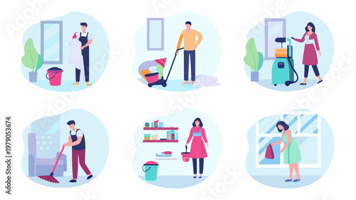 Illustrations depict people performing various household cleaning tasks indoors