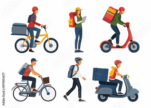 Various delivery workers using different modes of transportation are illustrated