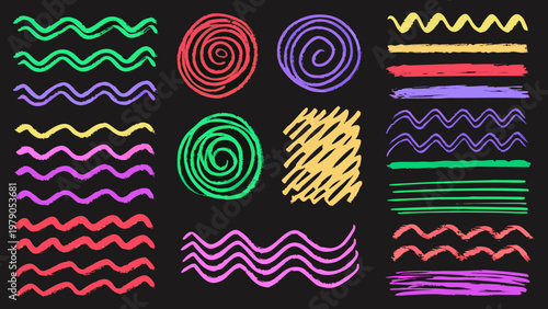 Colorful abstract brush strokes and doodle shapes on a black background