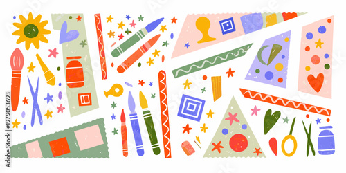 Colorful illustration featuring various art supplies and geometric shapes