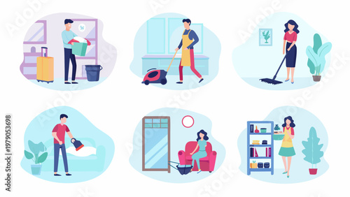 Illustrations depict people performing various household cleaning tasks indoors