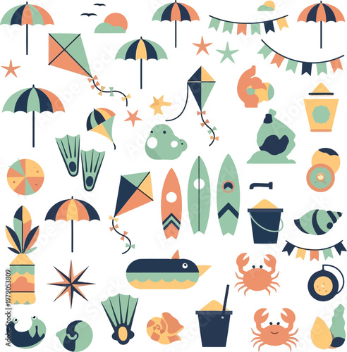 Beach summer vacation elements icons set with colorful kites umbrellas surfboards