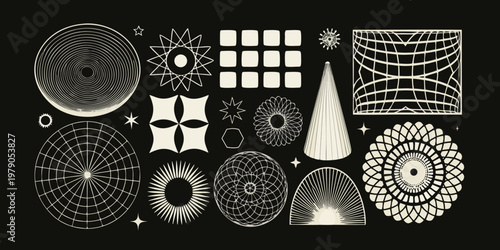 Abstract geometric shapes and patterns arranged on a black background