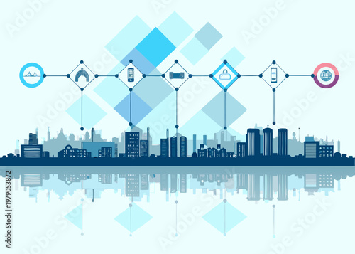 Smart city concept with interconnected icons and a silhouetted skyline