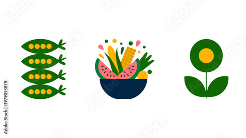 Illustration of corn, flowers, and sunflower seeds in a garden theme Vector