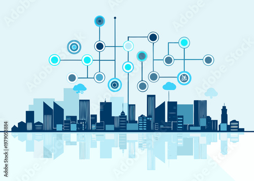 Smart city network concept with connected nodes above a skyline