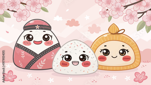 Cute japanese inspired onigiri characters with smiling faces and cherry blossoms
