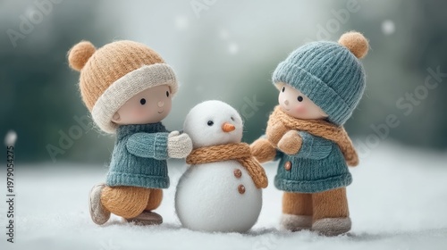 Cute Little Children Building a Snowman in Winter Wonderland with Cozy Hats and Scarves