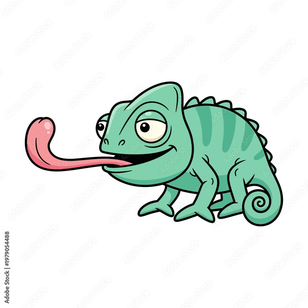Fototapeta premium Cute cartoon chameleon with long tongue sticking out, isolated on white background