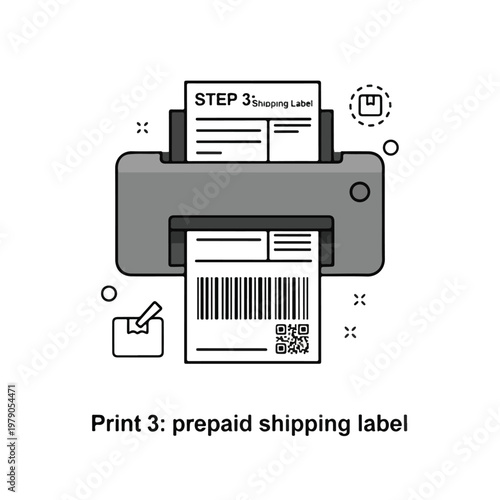 Step-by-step diagram of a printer outputting a shipping label