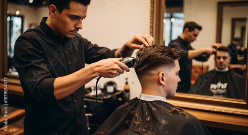 Barber cutting customers hair with electric clippers in a salon setting