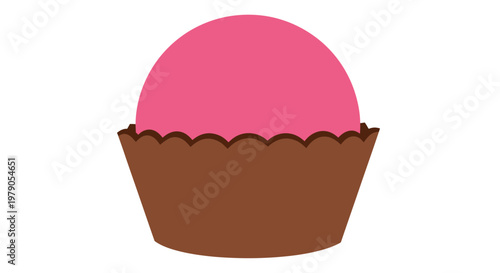 Minimalistic illustration of a cupcake with pink frosting and brown wrapper design on white backdrop