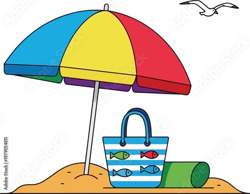 colorful beach umbrella with bag and mat on sandy shore by the sea
