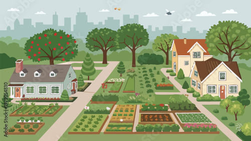 Residential areas mixed with public gardens and farmland in a suburban setting with cityscape background