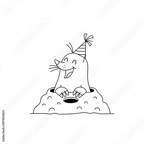 Happy mole wearing a party hat popping out of its hole