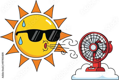 Tableau sur toile cartoon sun wearing sunglasses with sweat drops and electric fan blowing cool ai