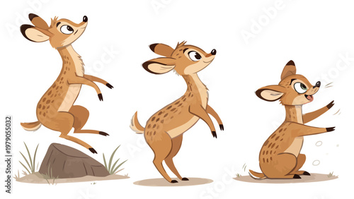 Three cartoon deer in various poses sitting standing jumping on white background with grass and rock