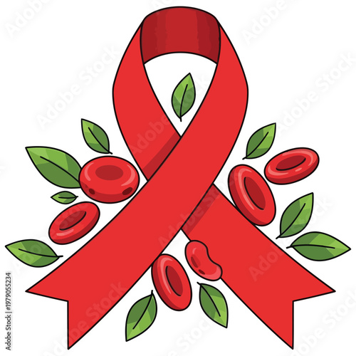 Red awareness ribbon with blood cells and green leaves on white background.