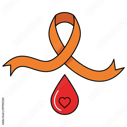 Orange leukemia awareness ribbon with red blood drop and heart symbol.