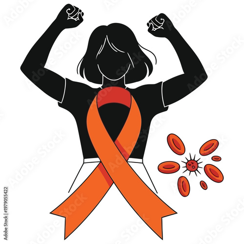 Strong woman silhouette with orange ribbon and blood cell symbols.