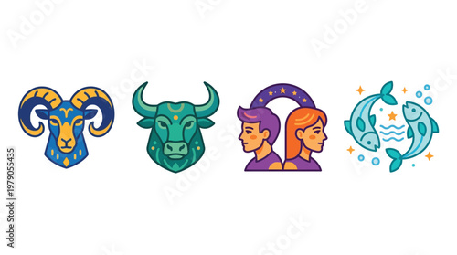 Colorful vector illustrations of four zodiac signs: Aries, Taurus, Gemini, and Pisces, depicted with unique stylized designs.