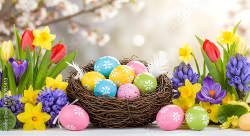 Colorful Easter eggs in a nest surrounded by spring flowers a festive holiday celebration for decoration and design