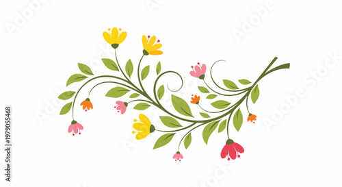 A colorful floral branch with green leaves and vibrant flowers