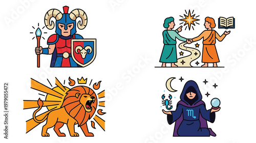 A collection of four colorful astrological zodiac sign illustrations featuring Aries, Gemini, Leo, and Scorpio symbols.
