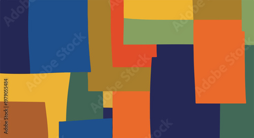 Geometric composition with layered irregular rectangular shapes and diverse colors